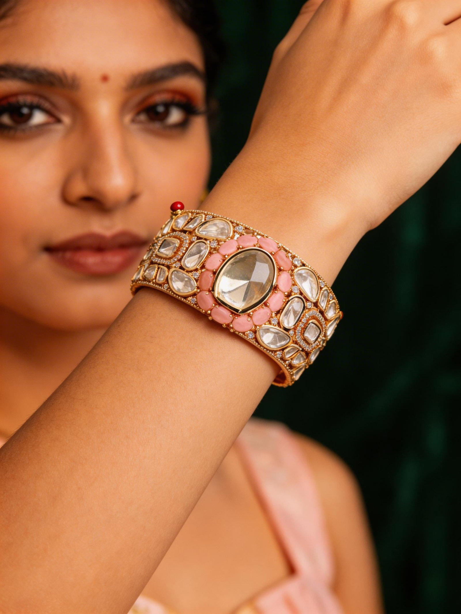 Blush Pink Stone Studded Polki Openable Cuff Bangle: Title:Blush Pink Stone Studded Polki Openable Cuff Bangle Reference:itemcode : JA0229 Reserve: $88.00 Shipping: Domestic: Flat-rate of $12.00 to anywhere within the contiguous U.S. International: