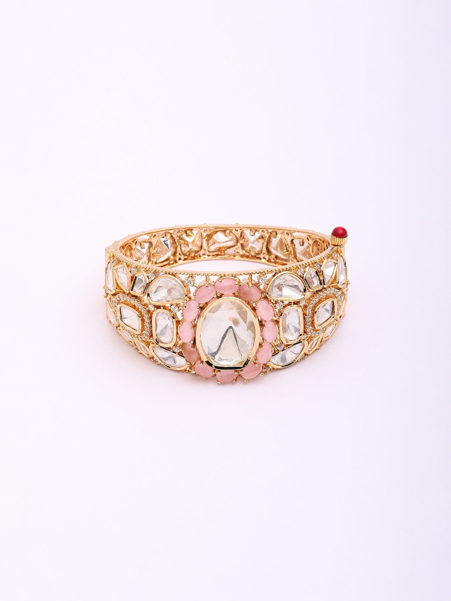 Blush Pink Stone Studded Polki Openable Cuff Bangle - 2