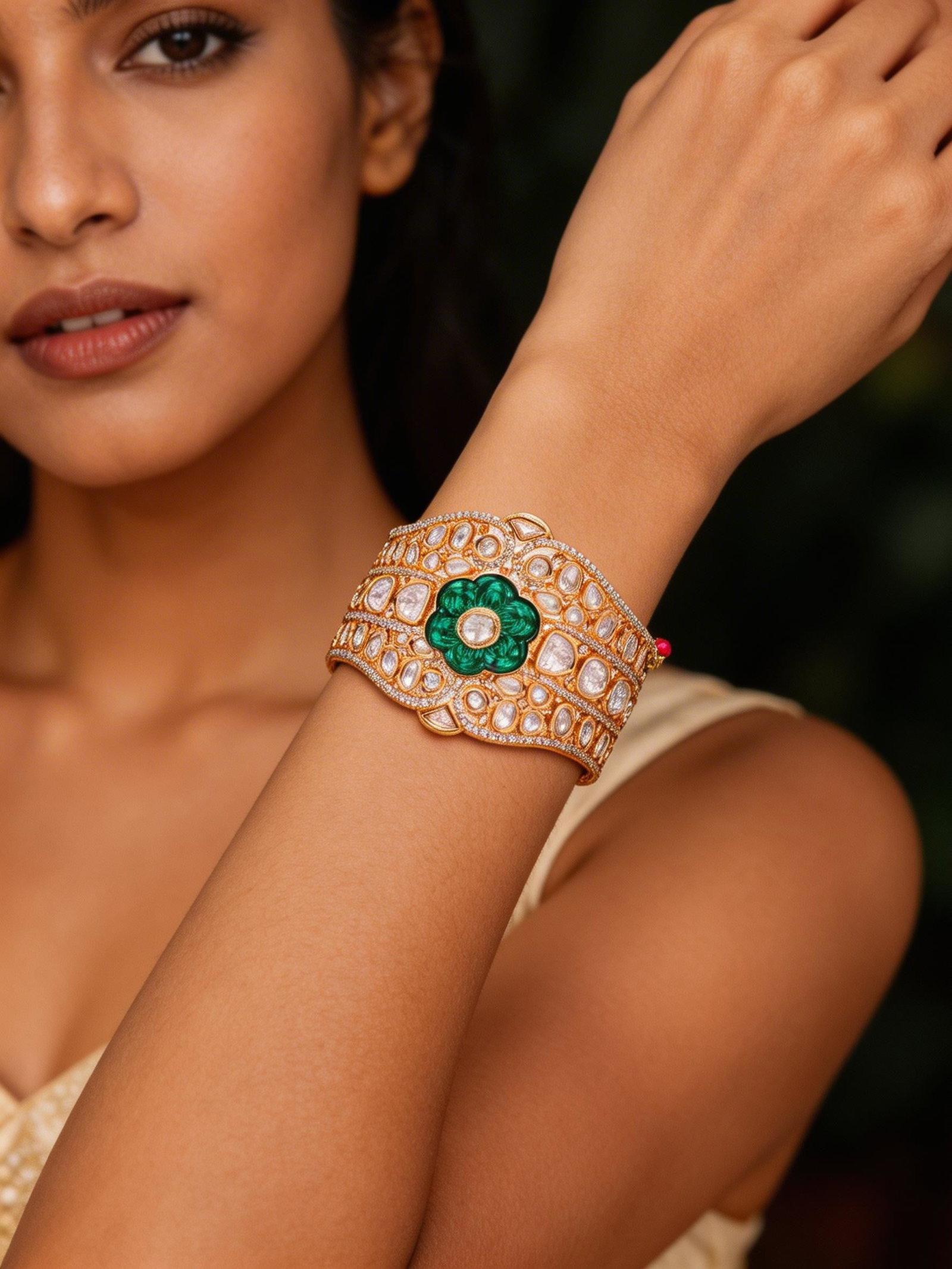 Floral Design Polki Stone Studded Openable Cuff Bangle