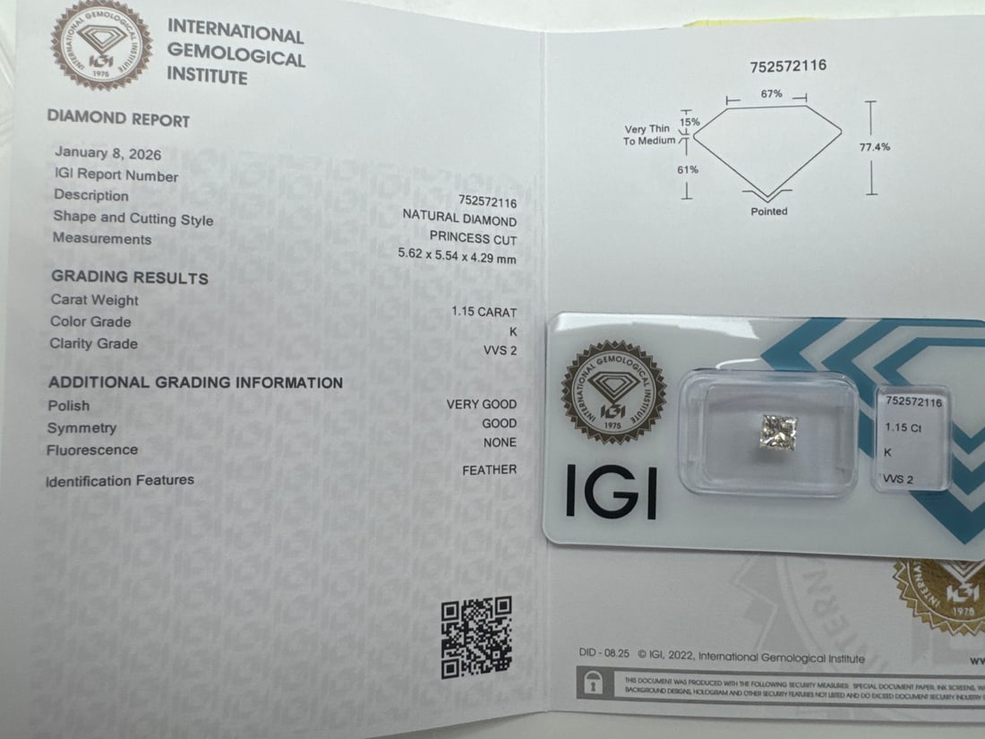 1 pcs Diamond (Natural) - 1.15 ct - Square - K - VVS2 - International Gemological Institute (IGI) - 2