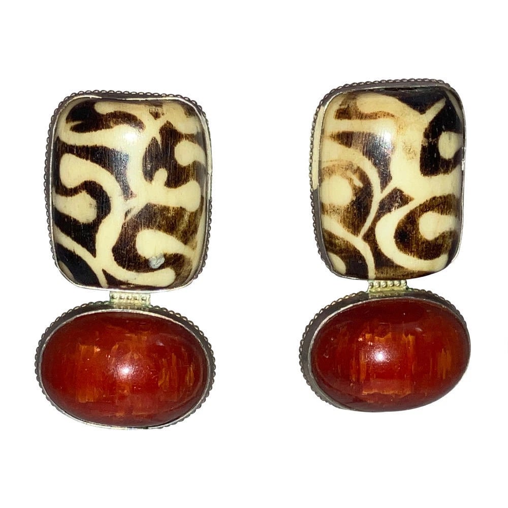 Sterling Dyed Water Buffalo Bone Cherry Amber Earrings - 2