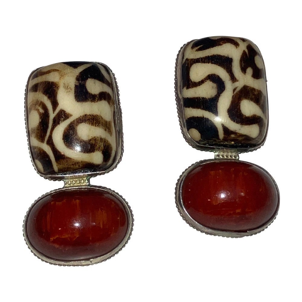 Sterling Dyed Water Buffalo Bone Cherry Amber Earrings - 3