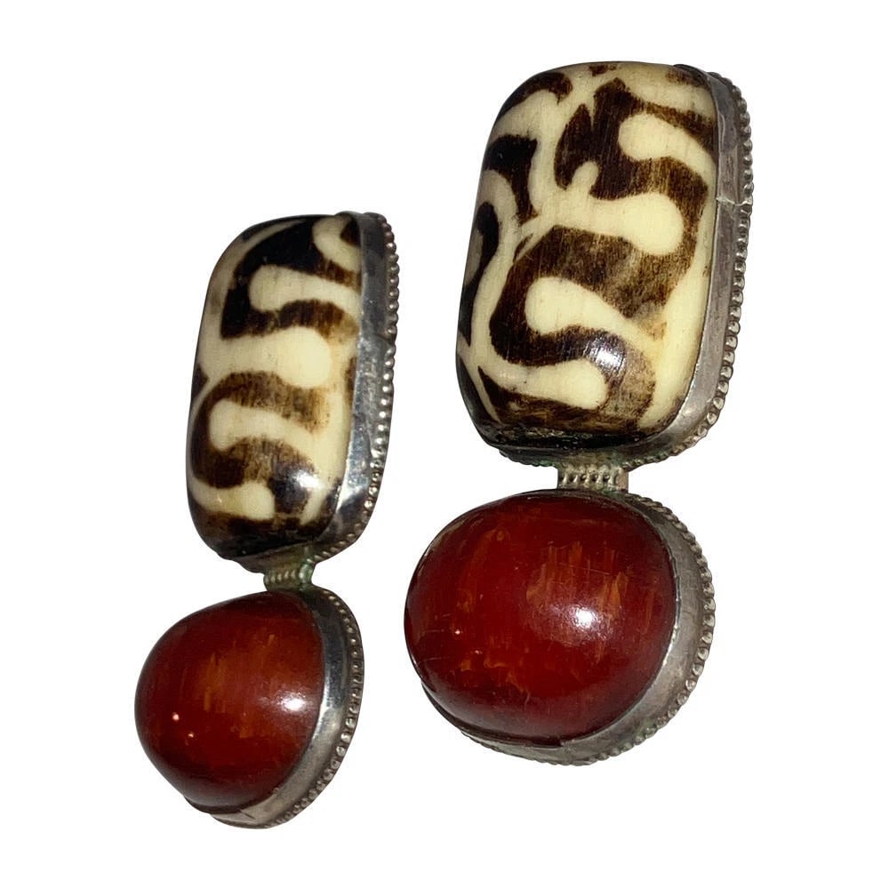 Sterling Dyed Water Buffalo Bone Cherry Amber Earrings - 4