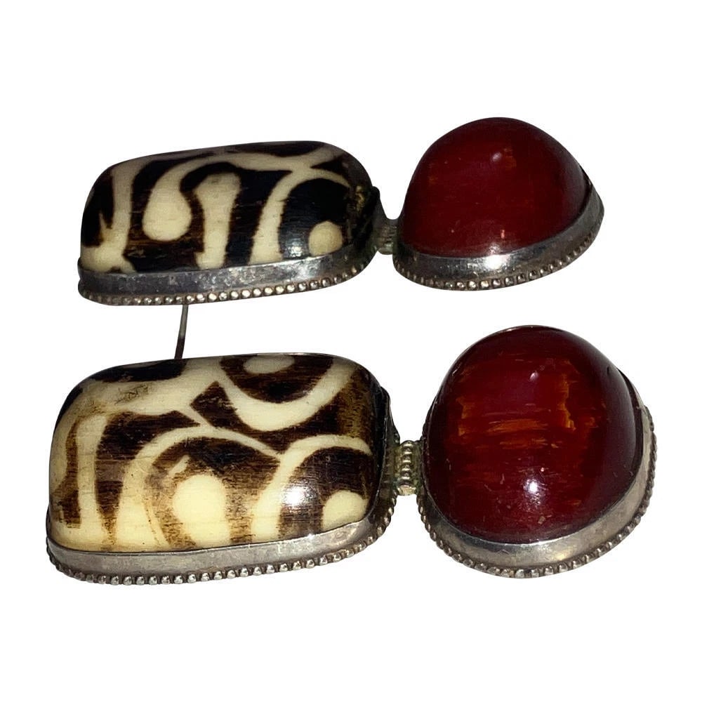 Sterling Dyed Water Buffalo Bone Cherry Amber Earrings - 5