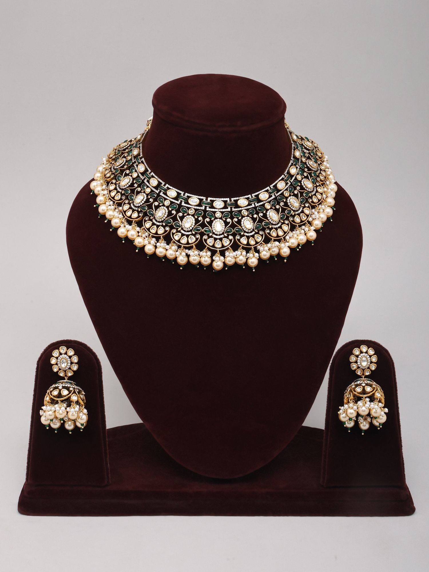 Designer Polki Stone Studded Necklace Set with Pearl Drop - 2