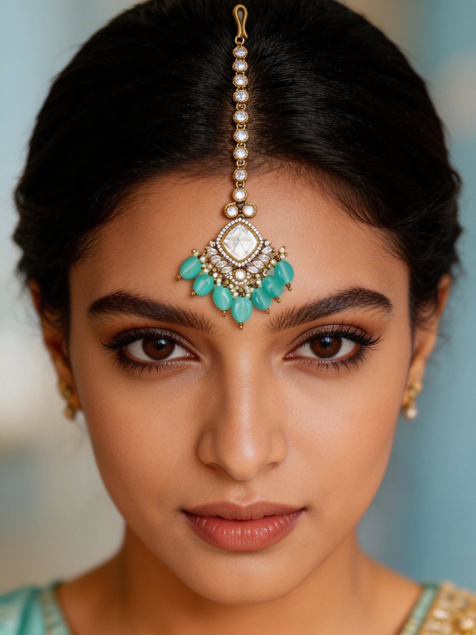 Marquise Cut Stone Studded Kundan Maang Tikka with Bead Drop: Title:Marquise Cut Stone Studded Kundan Maang Tikka with Bead Drop Reference:itemcode : JA0241 Reserve: $32.00 Shipping: Domestic: Flat-rate of $12.00 to anywhere within the contiguous U.S.
