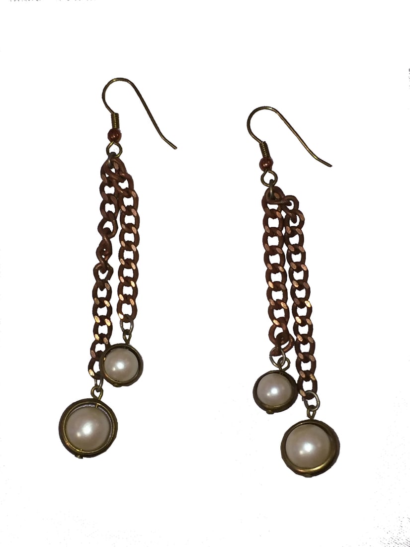 Vintage Deadstock Copper Chain Pearl Orb Dangle Earrings - 2