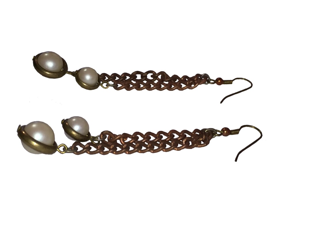 Vintage Deadstock Copper Chain Pearl Orb Dangle Earrings - 3
