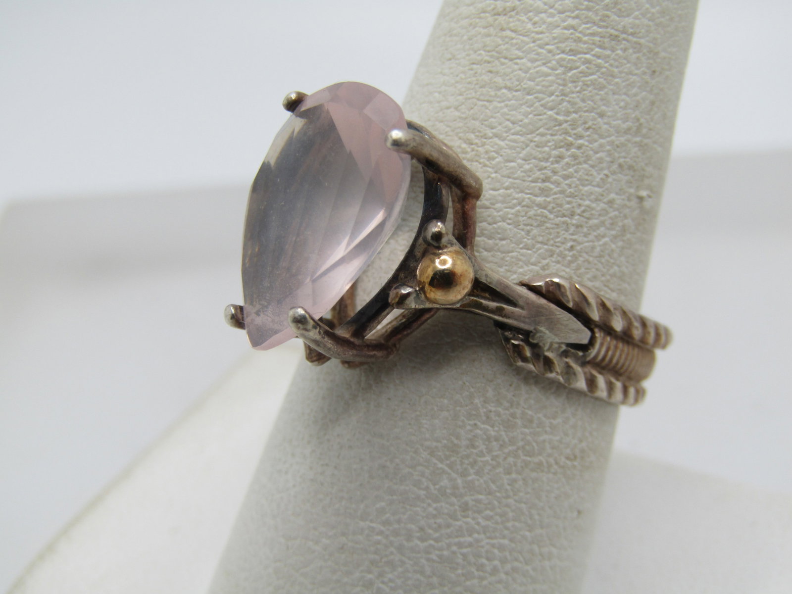 Vintage Sterling and 14kt Pink Quartz Ring, , Sz. 9, 5.5 TCW, Signed MCM - 2