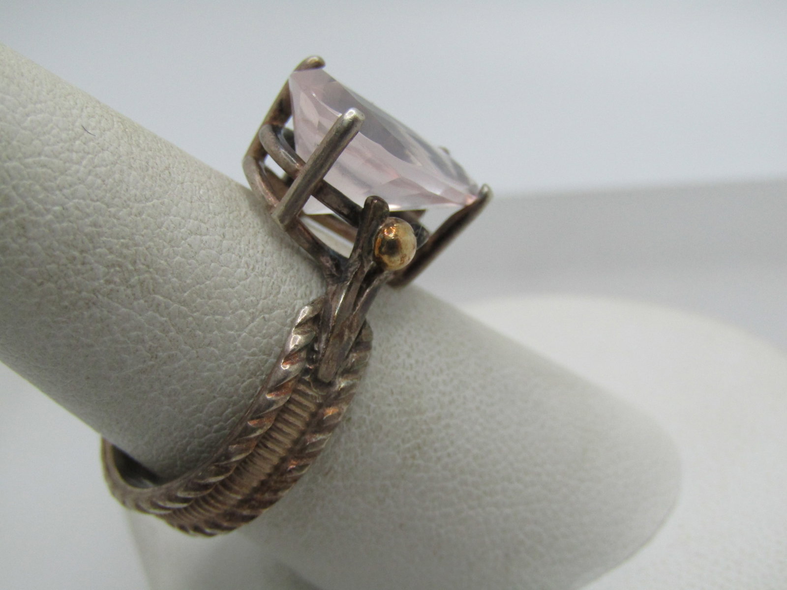 Vintage Sterling and 14kt Pink Quartz Ring, , Sz. 9, 5.5 TCW, Signed MCM - 3