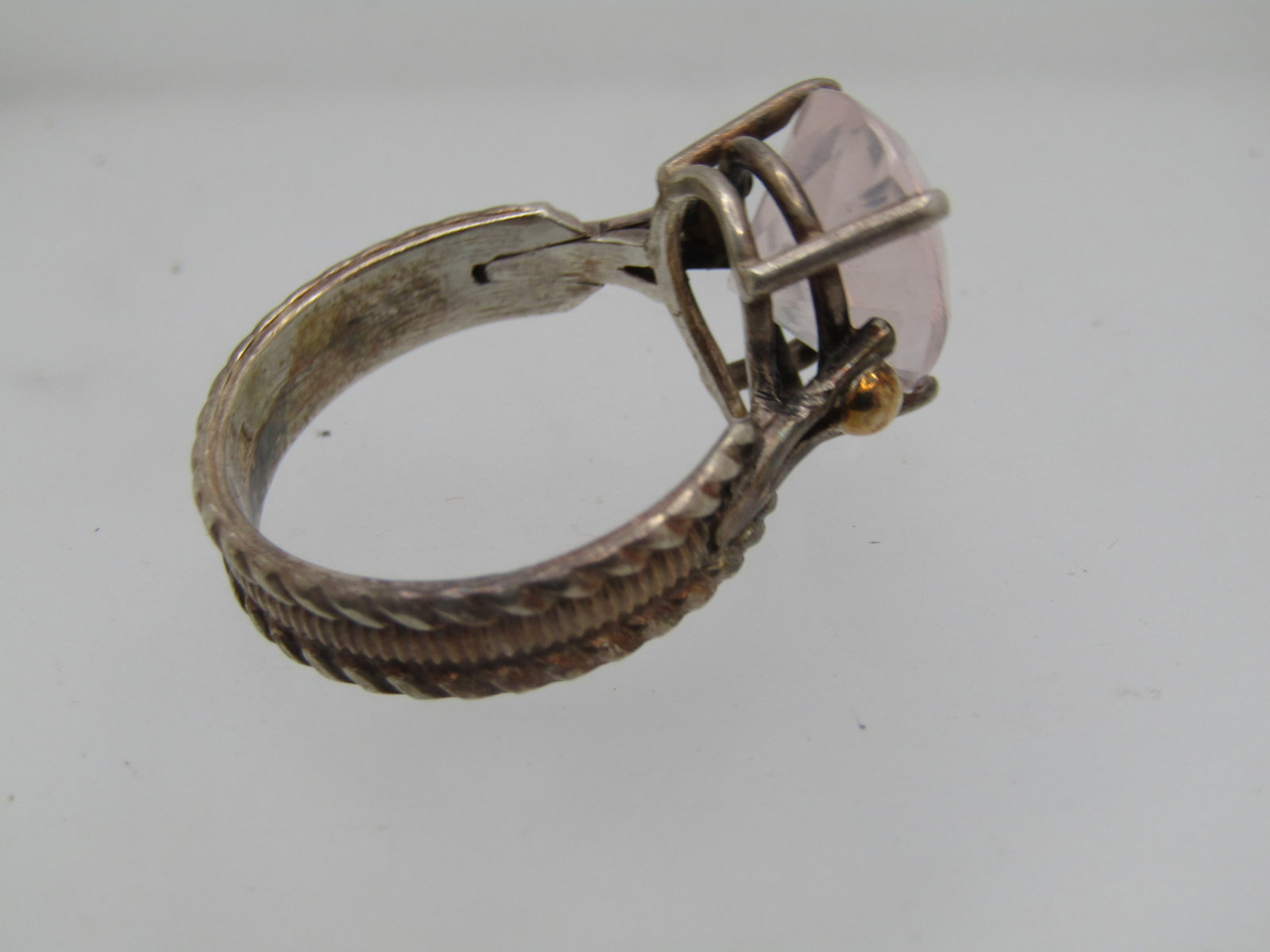 Vintage Sterling and 14kt Pink Quartz Ring, , Sz. 9, 5.5 TCW, Signed MCM - 4