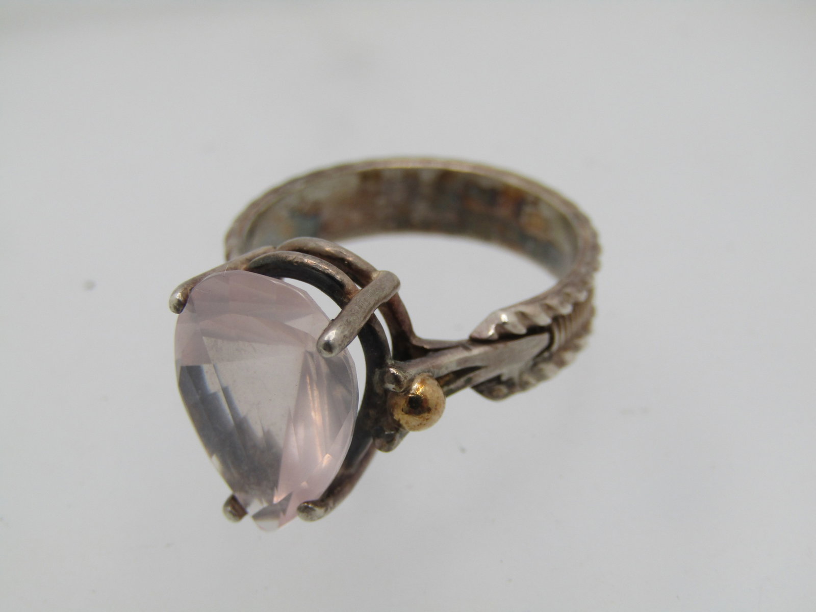 Vintage Sterling and 14kt Pink Quartz Ring, , Sz. 9, 5.5 TCW, Signed MCM - 5