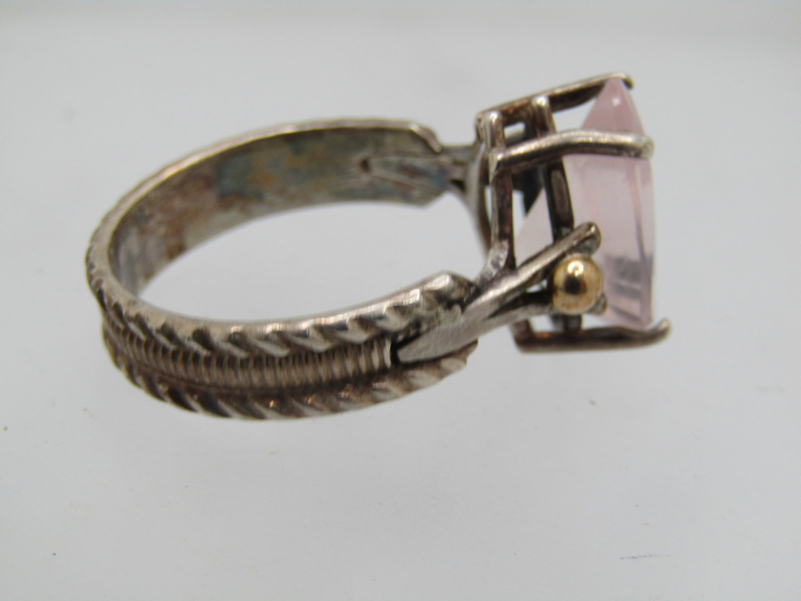 Vintage Sterling and 14kt Pink Quartz Ring, , Sz. 9, 5.5 TCW, Signed MCM - 6