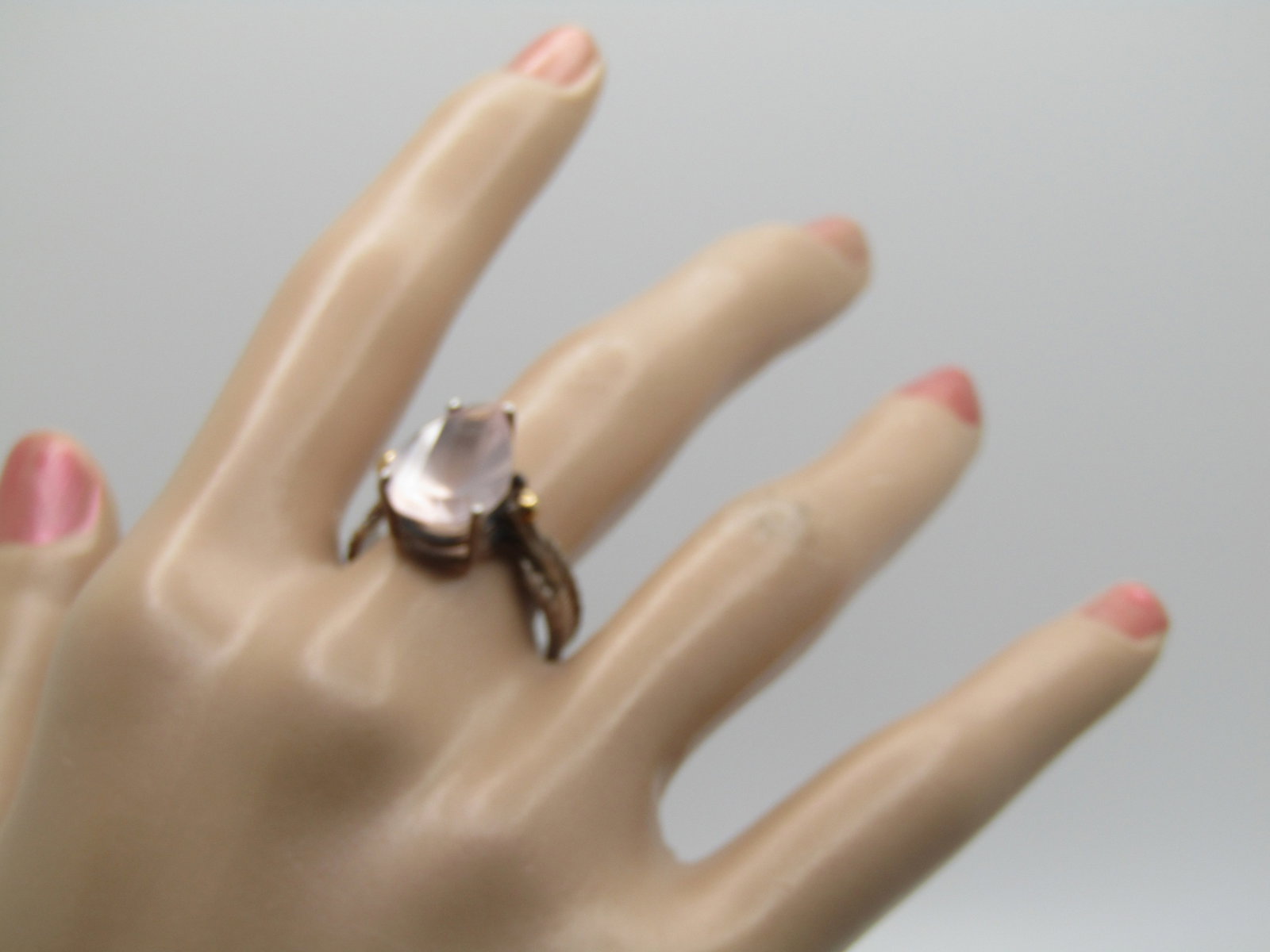 Vintage Sterling and 14kt Pink Quartz Ring, , Sz. 9, 5.5 TCW, Signed MCM - 7