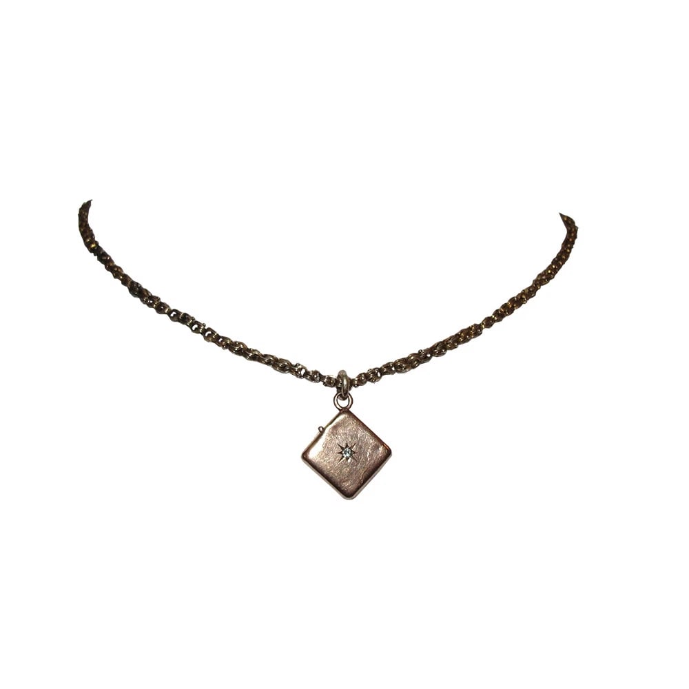 Victorian 9 kt Gold Necklace with 14 kt Rose Cut Diamond Square Locket - 2