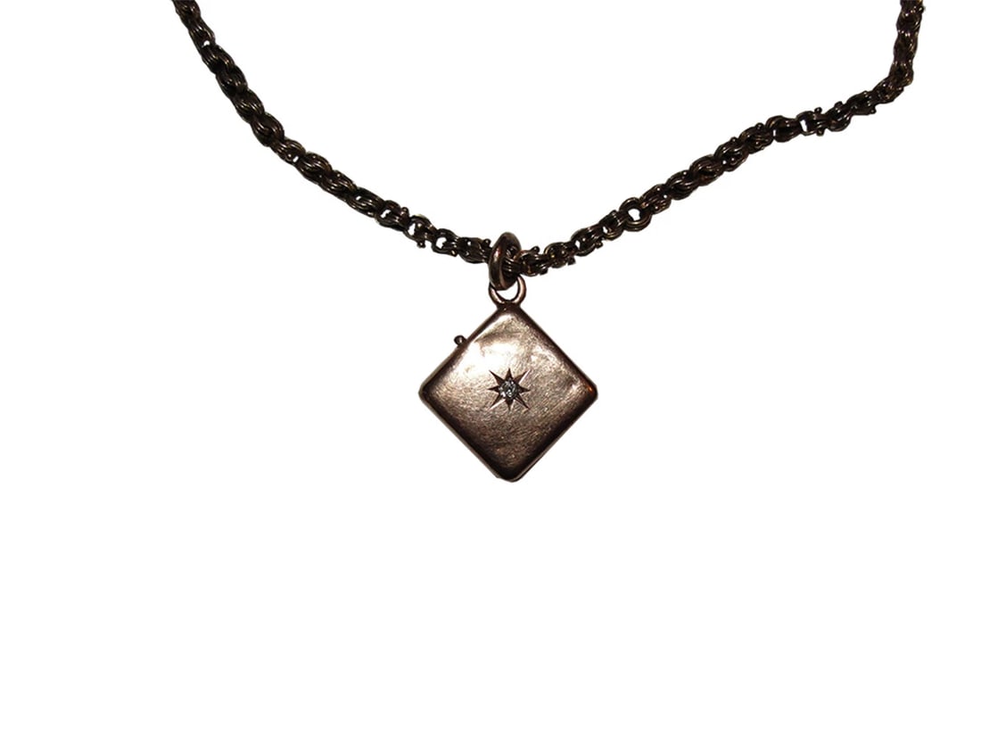 Victorian 9 kt Gold Necklace with 14 kt Rose Cut Diamond Square Locket - 3