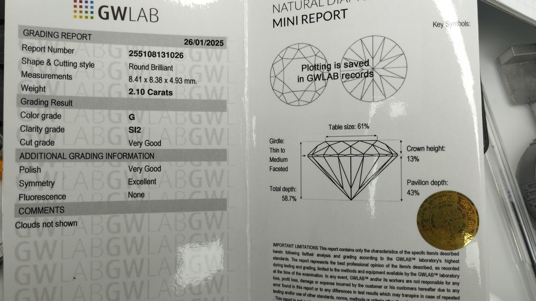 1 pcs Diamond (Natural) - 2.10 ct - Round - G - SI2 - Gemewizard Gemological Laboratory (GWLab) - 2