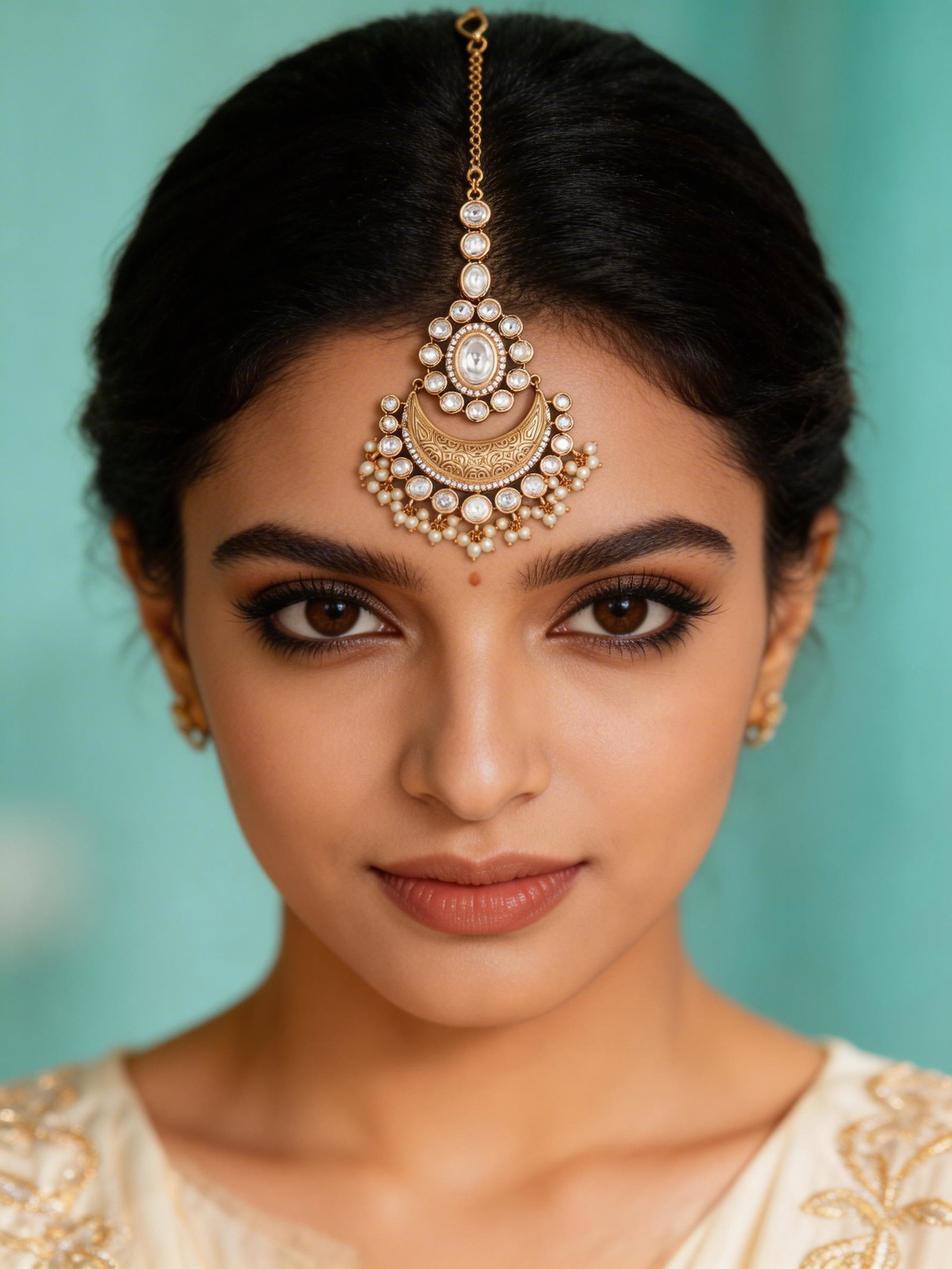Stone Studded Chaand Maang Tikka with Pearl Drops and Polki Detailing: Title:Stone Studded Chaand Maang Tikka with Pearl Drops and Polki Detailing Reference:itemcode : JA0245 Reserve: $57.00 Shipping: Domestic: Flat-rate of $12.00 to anywhere within the contiguous U.S.