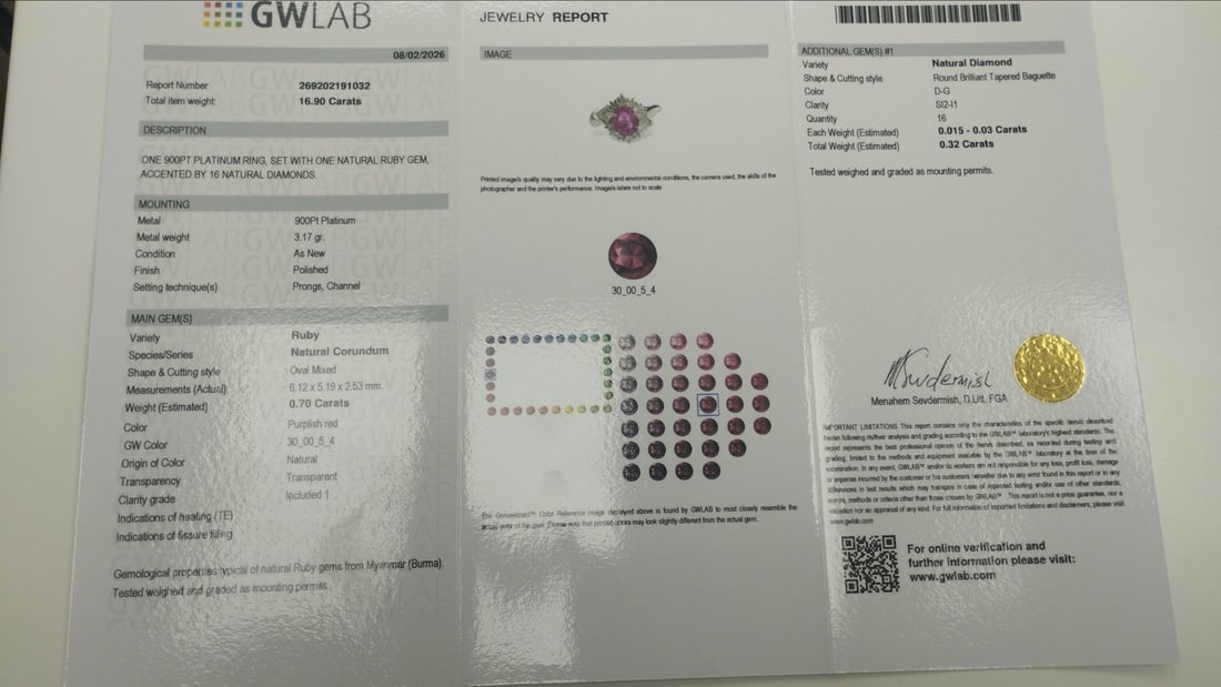 Ring Platinum - 1.02ct. tw. Ruby - Diamond - NATURAL RUBY BURMA - 5