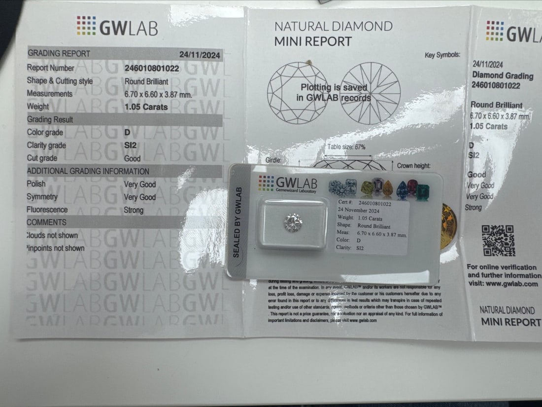 1 pcs Diamond (Natural) - 1.05 ct - Round - D (colourless) - SI2 - Gemewizard Gemological Laboratory - 2