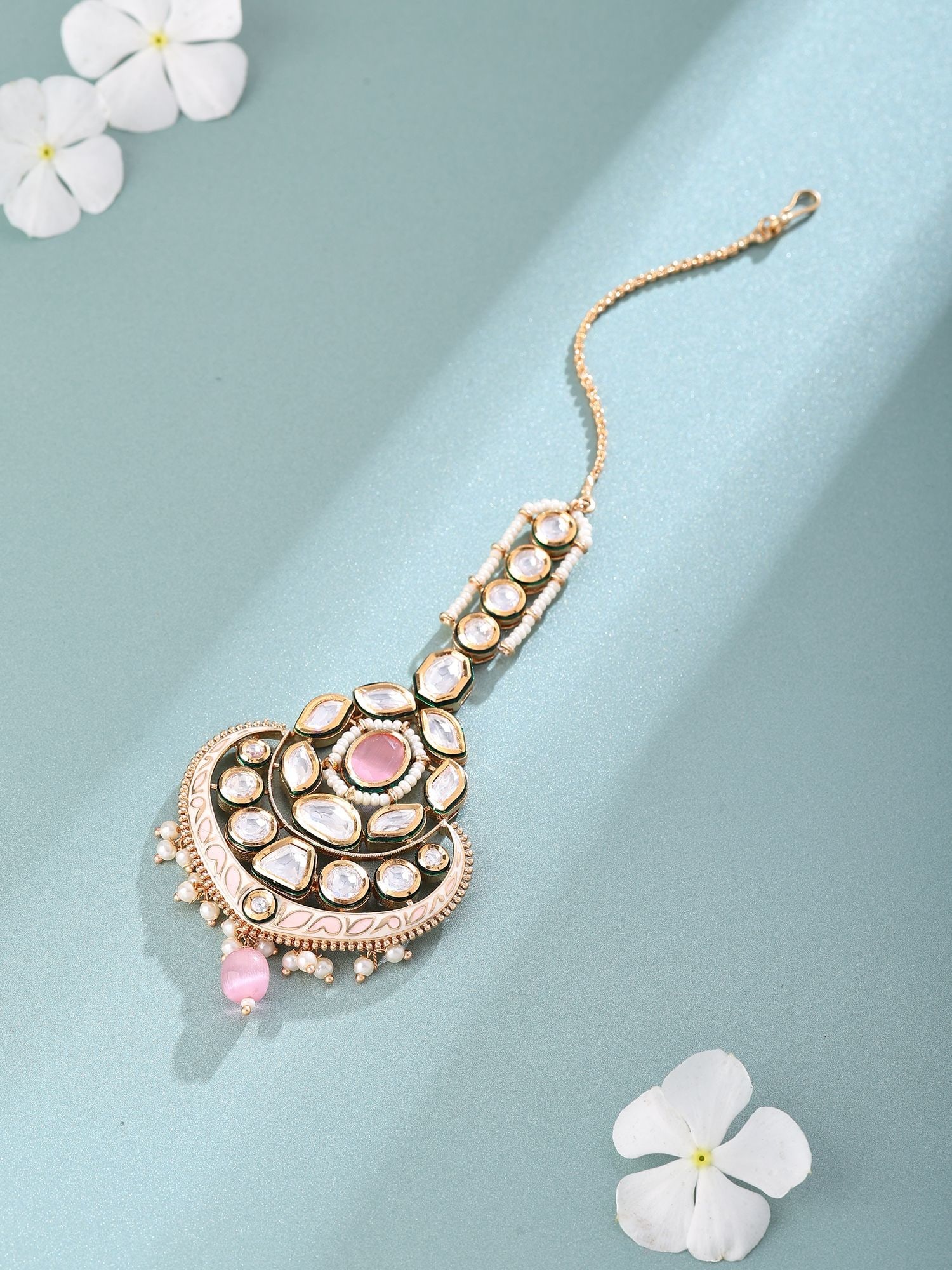 Meenakari Style Polki Studded Maang Tikka with Bead Drop: Title:Meenakari Style Polki Studded Maang Tikka with Bead Drop Reference:itemcode : JA0243 Reserve: $52.00 Shipping: Domestic: Flat-rate of $12.00 to anywhere within the contiguous U.S.
