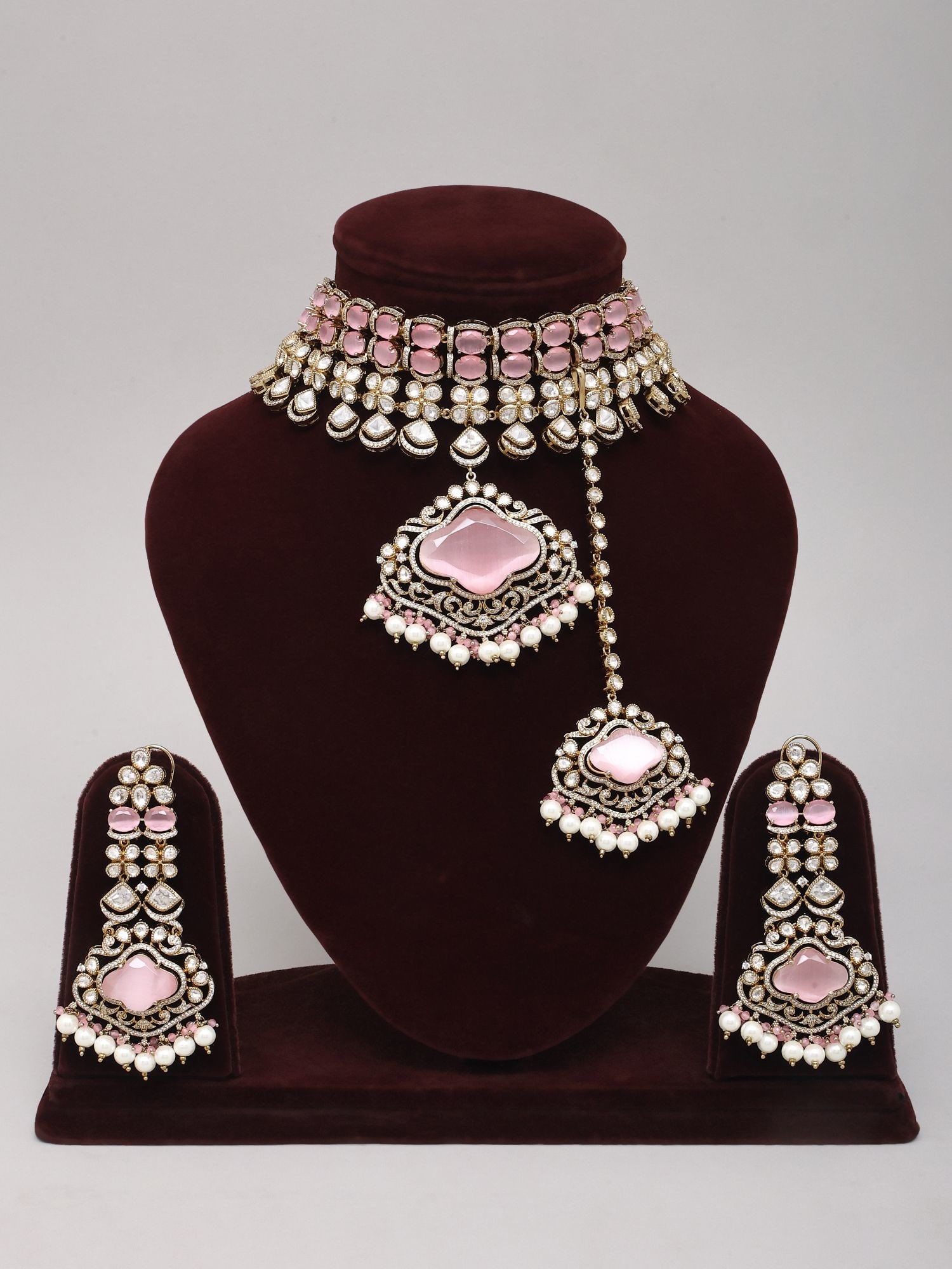 Pink Kundan Choker Necklace Set with Pearl Drops, Matching Earrings and Maang Tikka - 2
