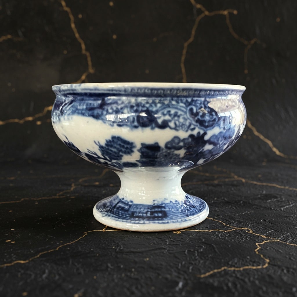 Antique Blue Willow Transferware Pedestal Salt Cellar, English Circa 1820 - 2