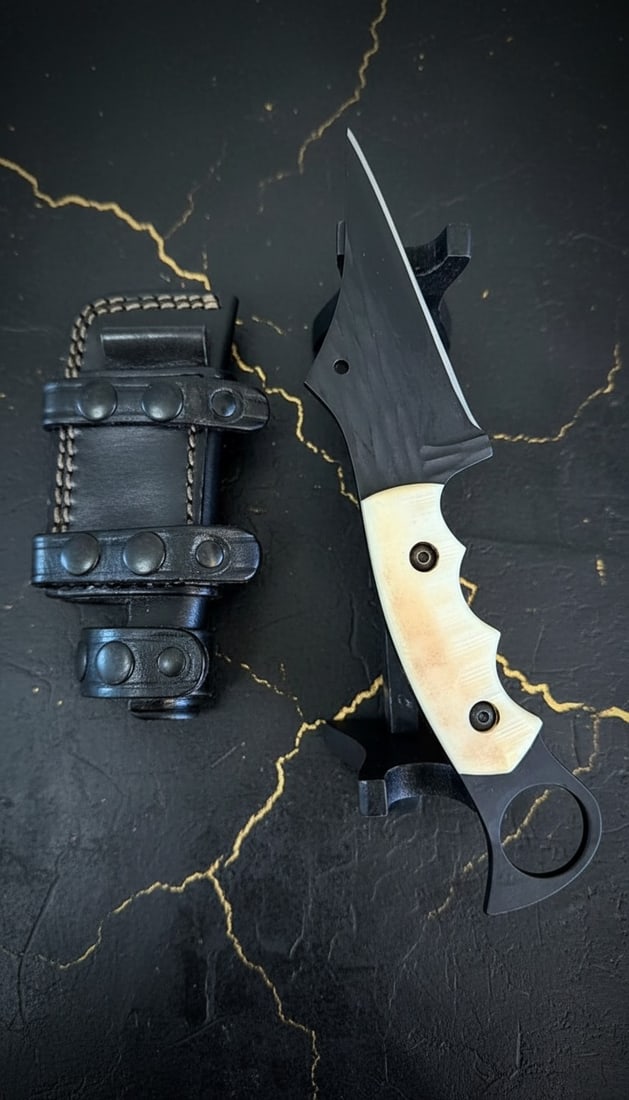 8" Custom Forged D2 Steel Karambit Knife, Hammered Bone Handle, Leather Sheath - 5