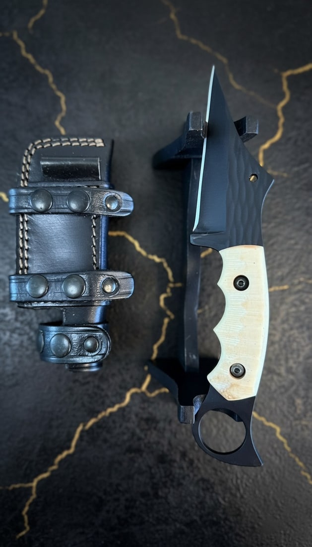 8" Custom Forged D2 Steel Karambit Knife, Hammered Bone Handle, Leather Sheath - 6