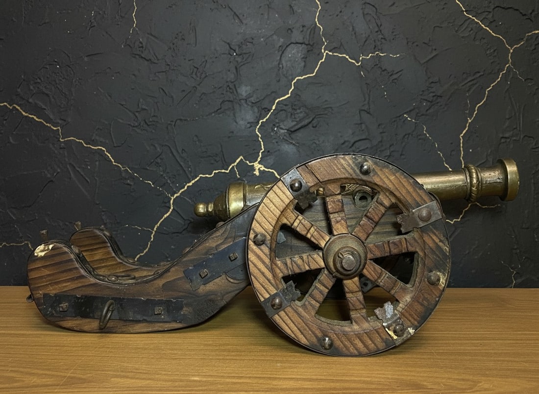 Large Vintage Spanish Copper Cannon on Wood Stand Decorative Steel Studs - 5