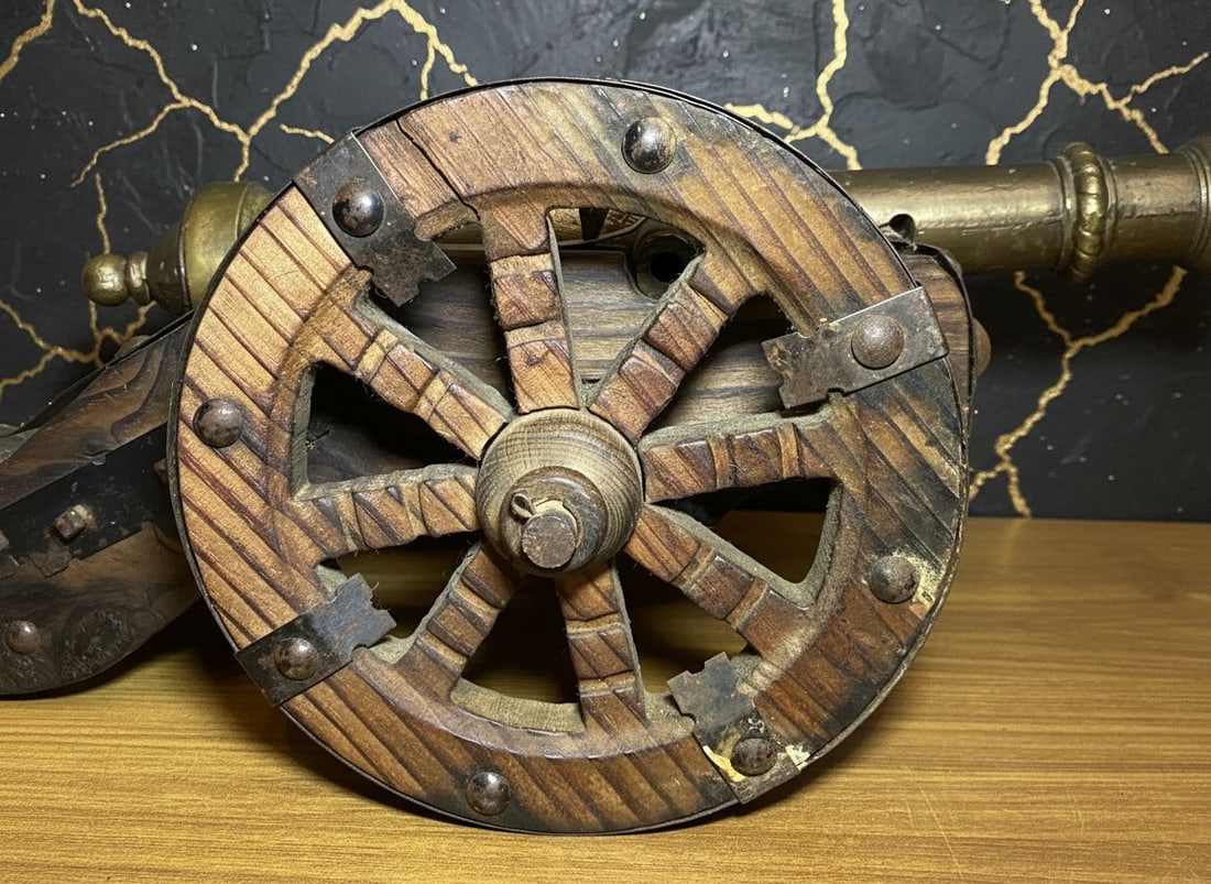 Large Vintage Spanish Copper Cannon on Wood Stand Decorative Steel Studs - 6