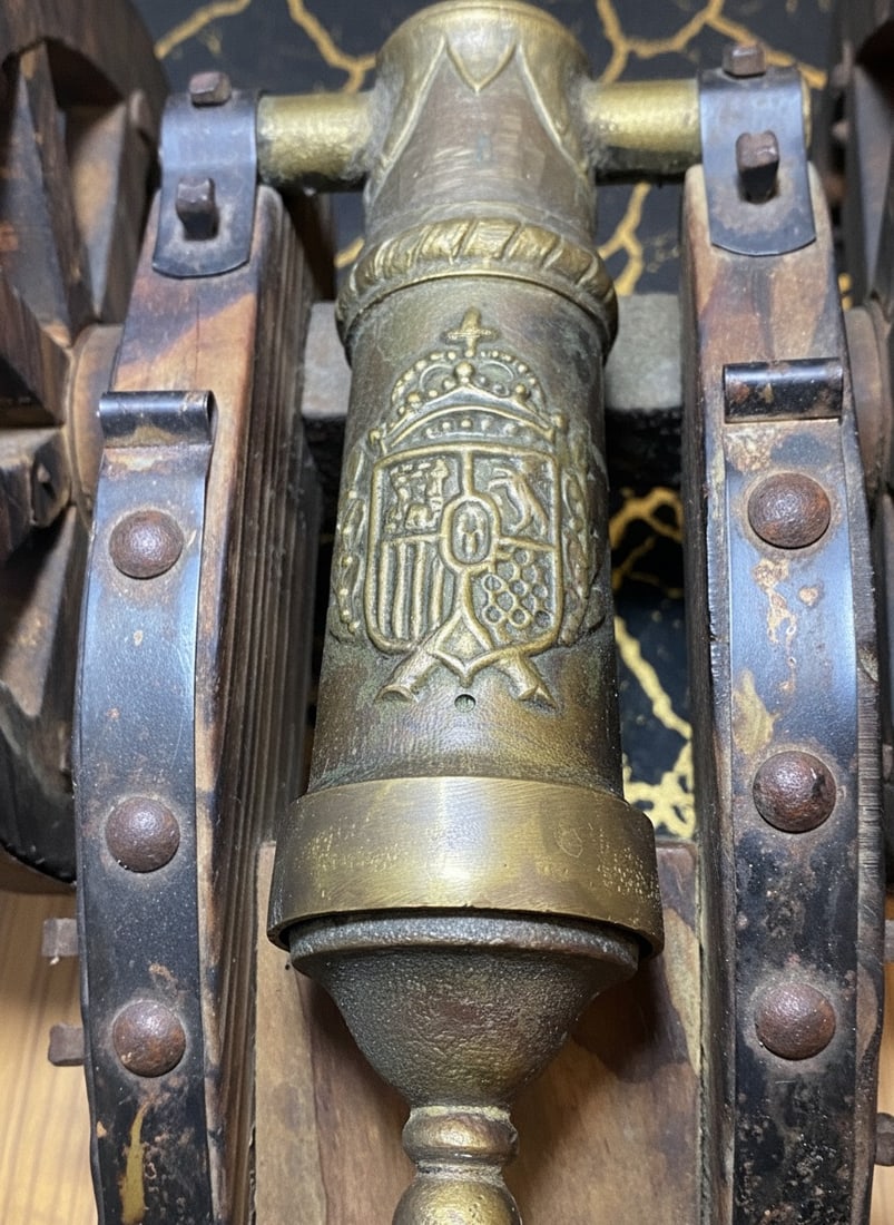 Large Vintage Spanish Copper Cannon on Wood Stand Decorative Steel Studs - 7
