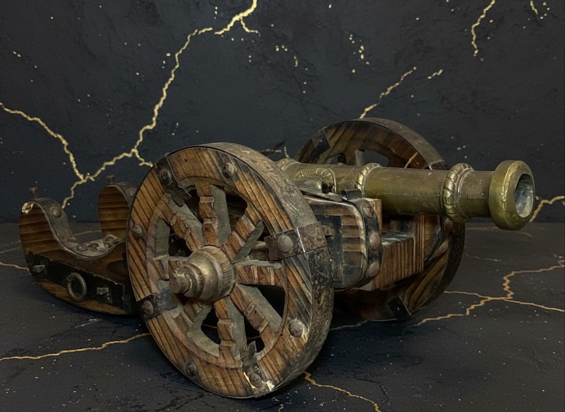 Large Vintage Spanish Copper Cannon on Wood Stand Decorative Steel Studs - 9
