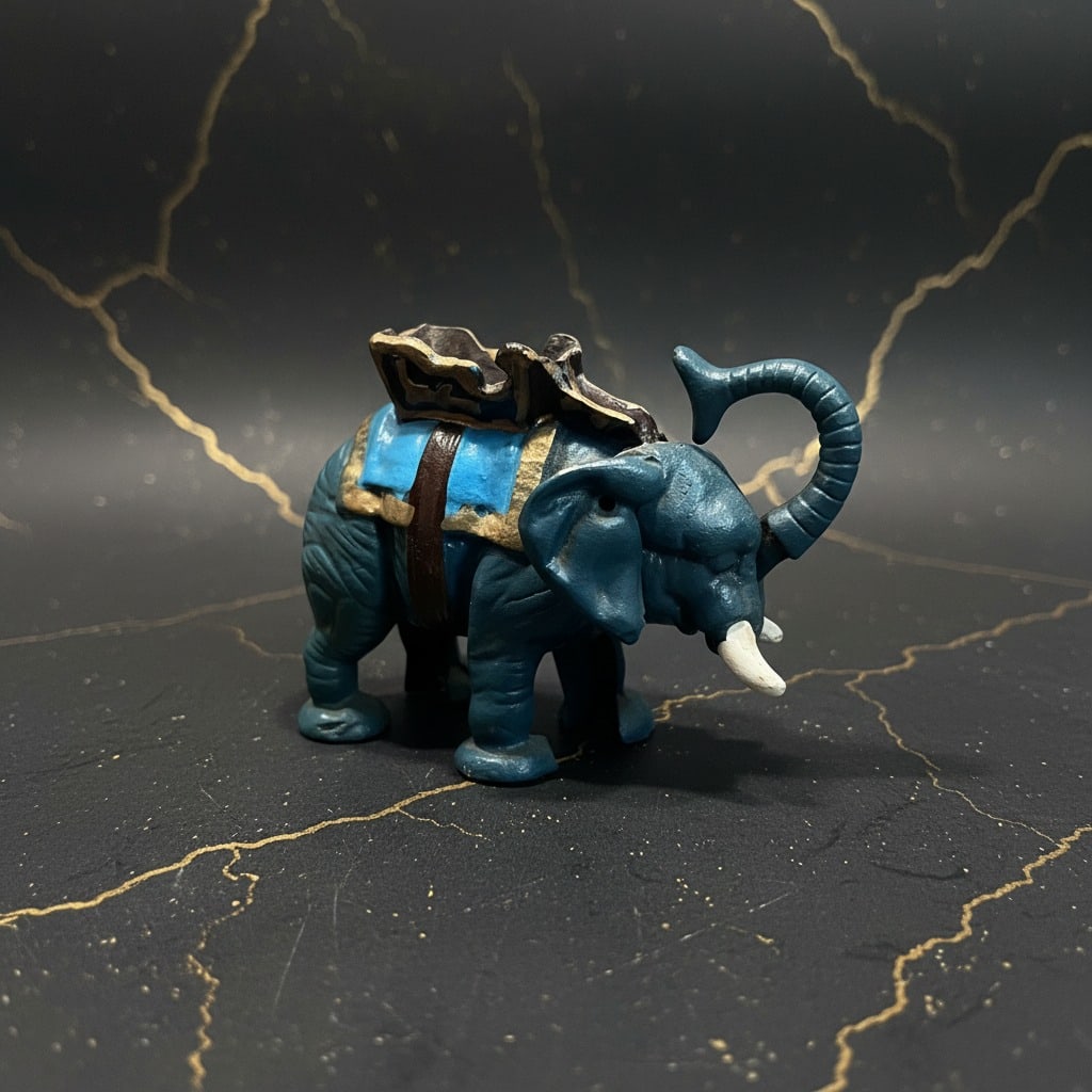 Antique Style Blue Painted Cast Iron Elephant Mechanical Coin Bank Vintage - 3