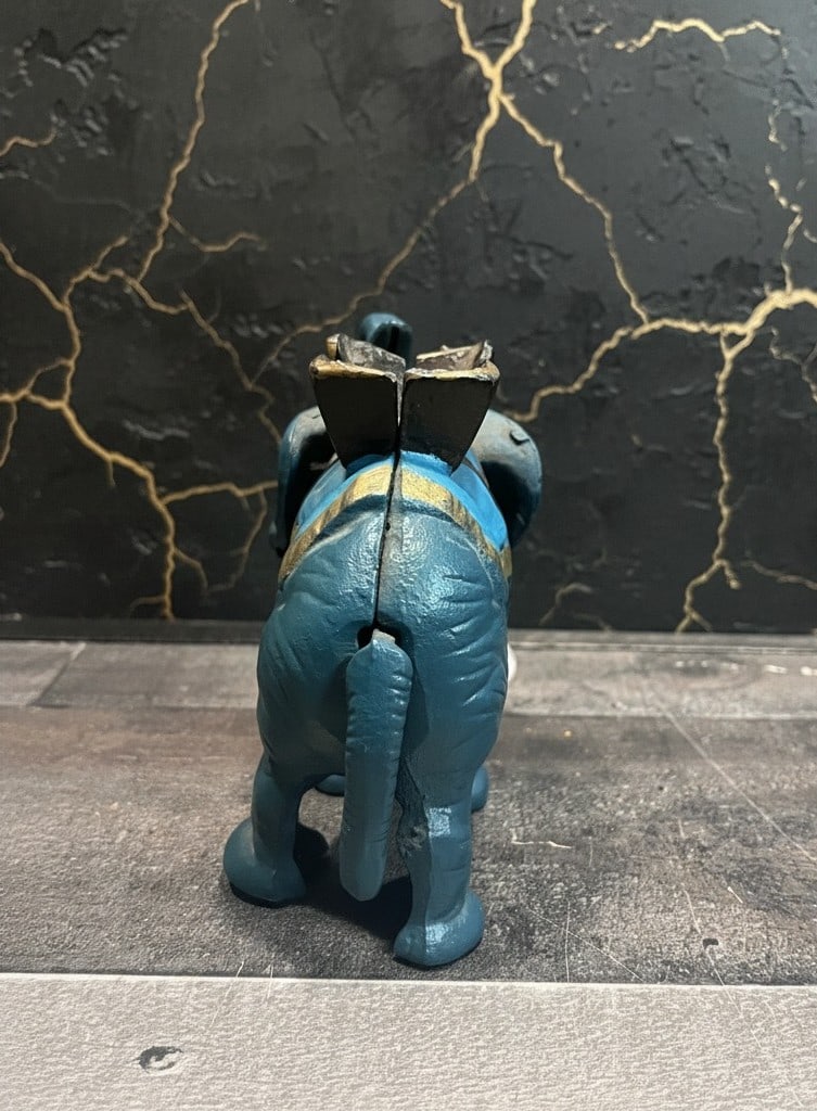 Antique Style Blue Painted Cast Iron Elephant Mechanical Coin Bank Vintage - 4