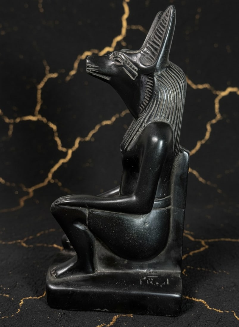 Hand-Carved Black Stone Egyptian Jackal Statue Anubis Figurine Vintage - 3