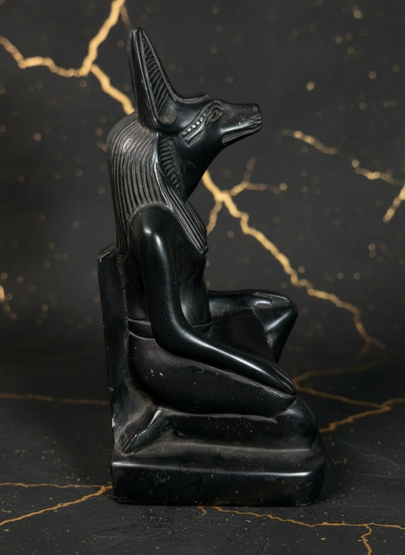 Hand-Carved Black Stone Egyptian Jackal Statue Anubis Figurine Vintage - 4