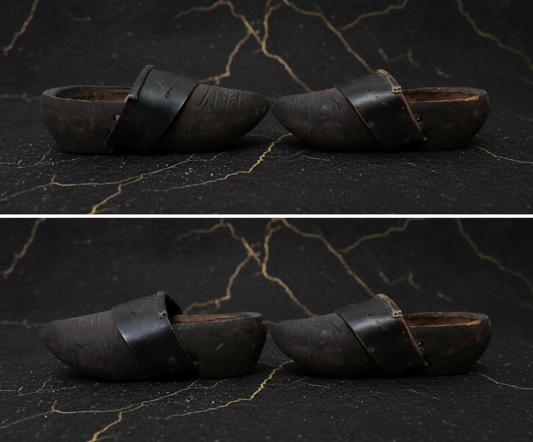 Child Size Rustic Wood Clogs Leather Dragonfly Strap Folk Style Shoes - 4