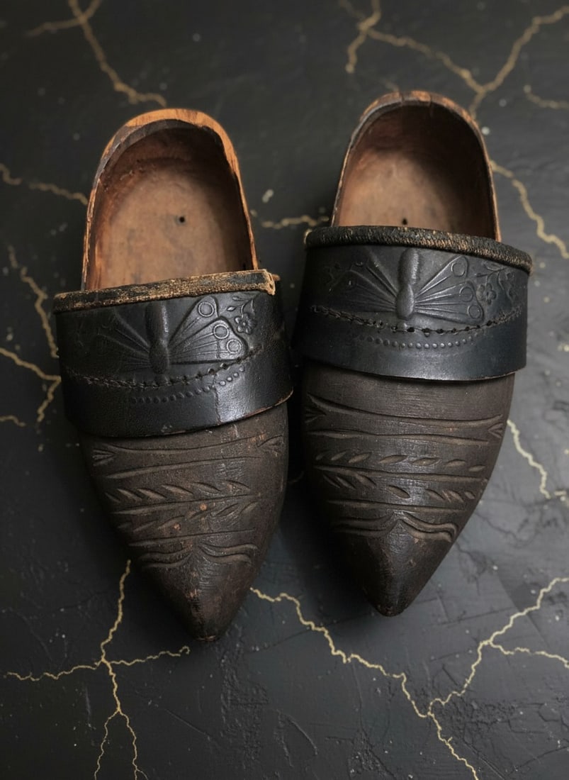 Child Size Rustic Wood Clogs Leather Dragonfly Strap Folk Style Shoes - 6