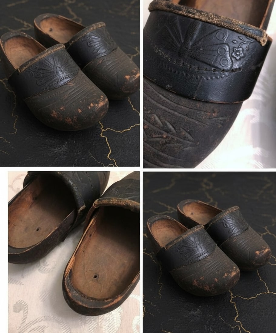 Child Size Rustic Wood Clogs Leather Dragonfly Strap Folk Style Shoes - 7