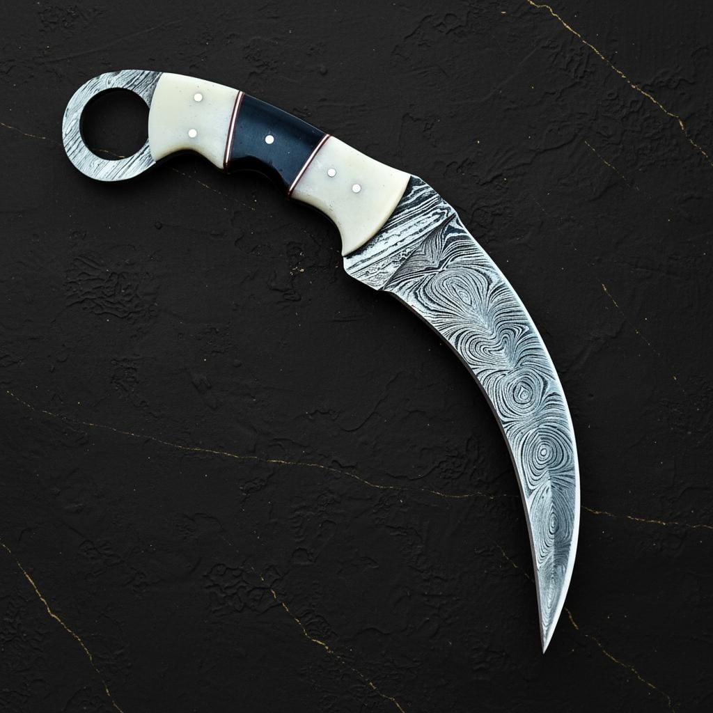 10" Hand Forged Damascus Steel Karambit Knife | Bone Resin Handle and Leather Sheath: Title:10" Hand Forged Damascus Steel Karambit Knife | Bone Resin Handle and Leather Sheath Description:This listing is for a hand-forged Karambit knife crafted from high-quality Damascus steel. The kn