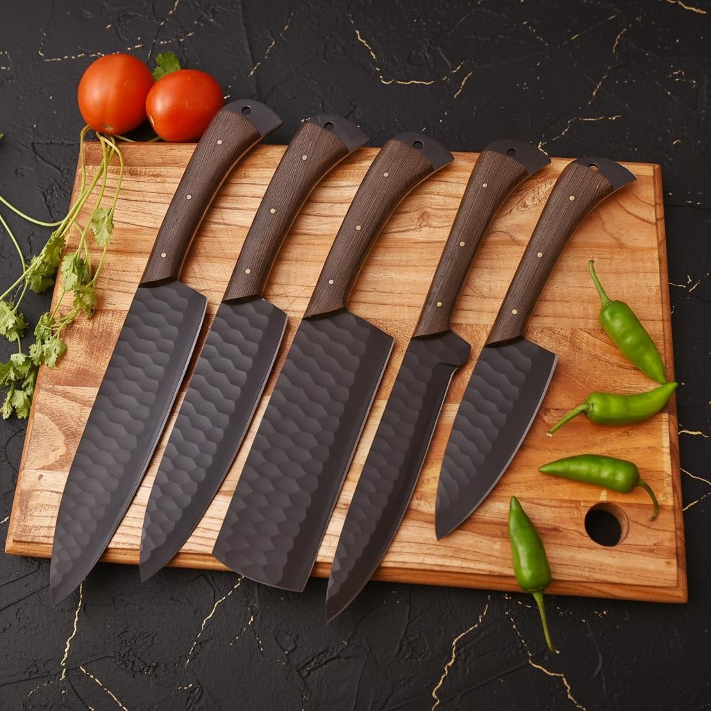 Damascus Steel Chef Knife Set 5pc Hand Forged High Carbon Blades and Leather Roll: Title:Damascus Steel Chef Knife Set 5pc Hand Forged High Carbon Blades and Leather Roll Description:Discover this premium 5pc kitchen chef knives set, a collection of 100% hand crafted tools for any c
