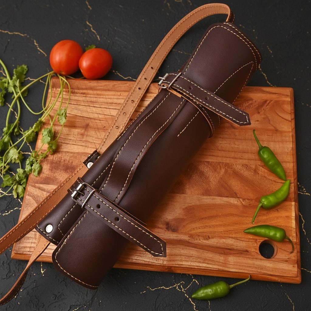 Damascus Steel Chef Knife Set 5pc Hand Forged High Carbon Blades and Leather Roll - 6