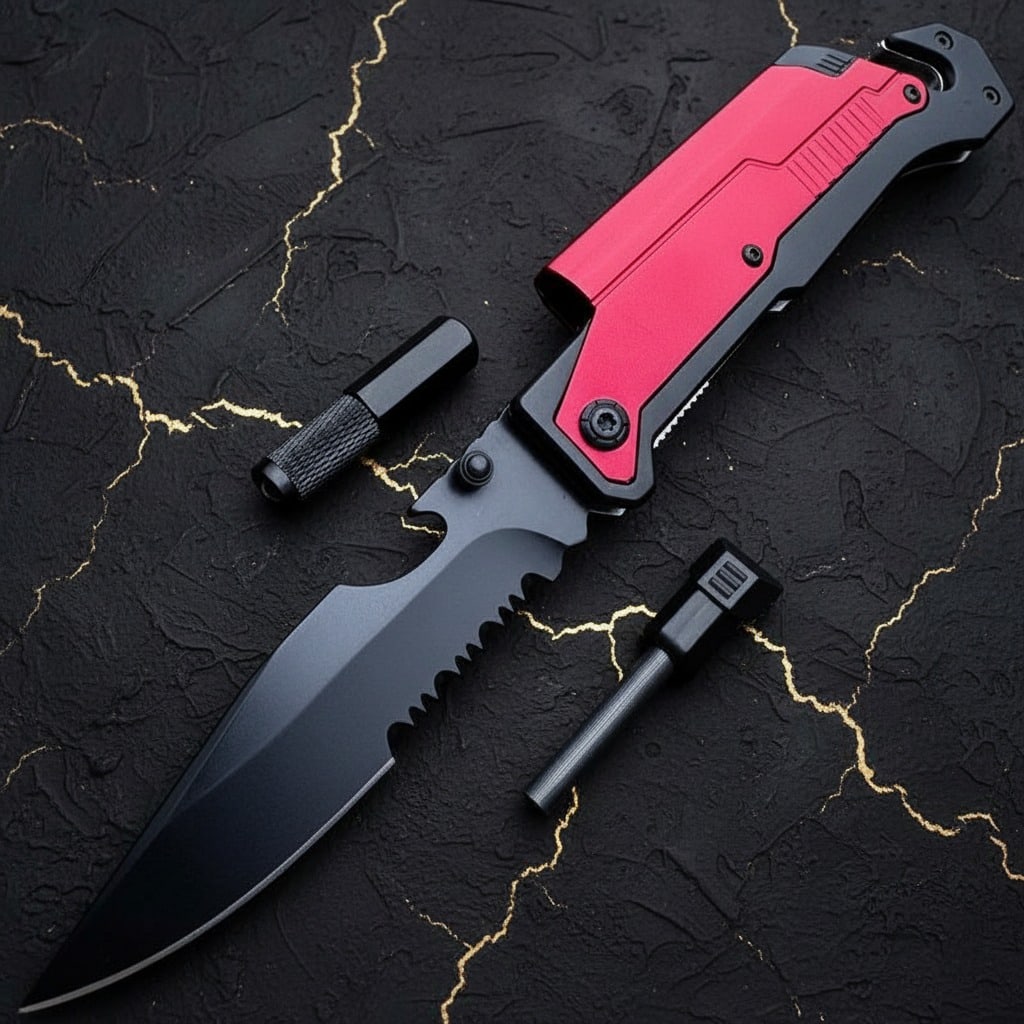 Multifunction Folding Tactical Rescue Knife with LED Light Red Emergency Tool - 2
