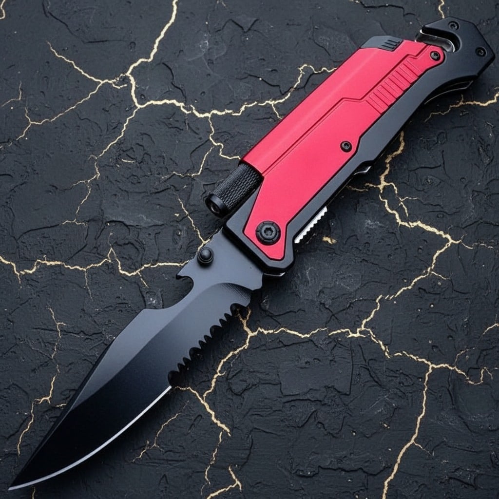 Multifunction Folding Tactical Rescue Knife with LED Light Red Emergency Tool - 4