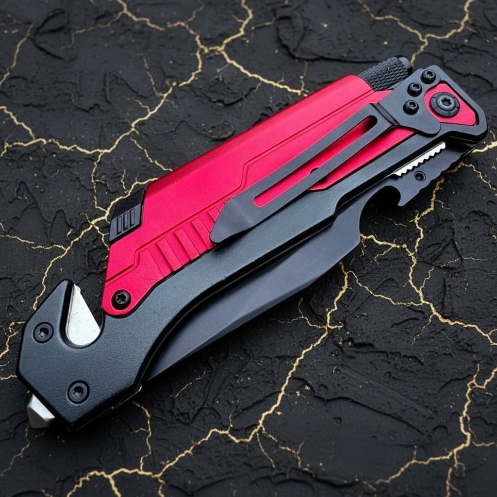 Multifunction Folding Tactical Rescue Knife with LED Light Red Emergency Tool - 6