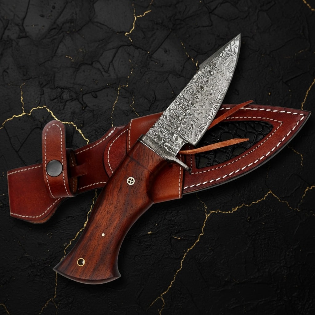 10.5" Damascus Steel Fixed Blade Knife Wood Handle Mosaic Pin with Sheath: Title:10.5" Damascus Steel Fixed Blade Knife Wood Handle Mosaic Pin with Sheath Description:This handcrafted knife features a durable blade and a wood comfort-grip handle, complemented by a cowhide