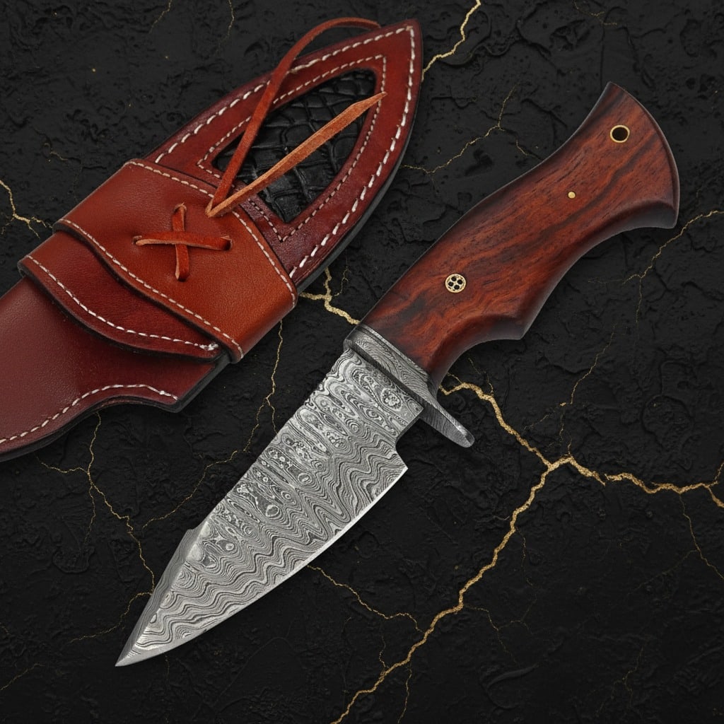 10.5" Damascus Steel Fixed Blade Knife Wood Handle Mosaic Pin with Sheath - 2