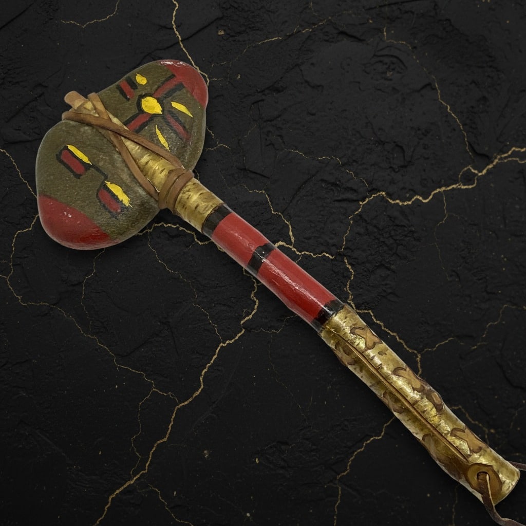 15.75" Handcrafted Stone Head War Club Axe Native American Style Wood Handle: Title:15.75" Handcrafted Stone Head War Club Axe Native American Style Wood Handle Description:This handcrafted stone head tomahawk war club features a traditional design inspired by historical Native