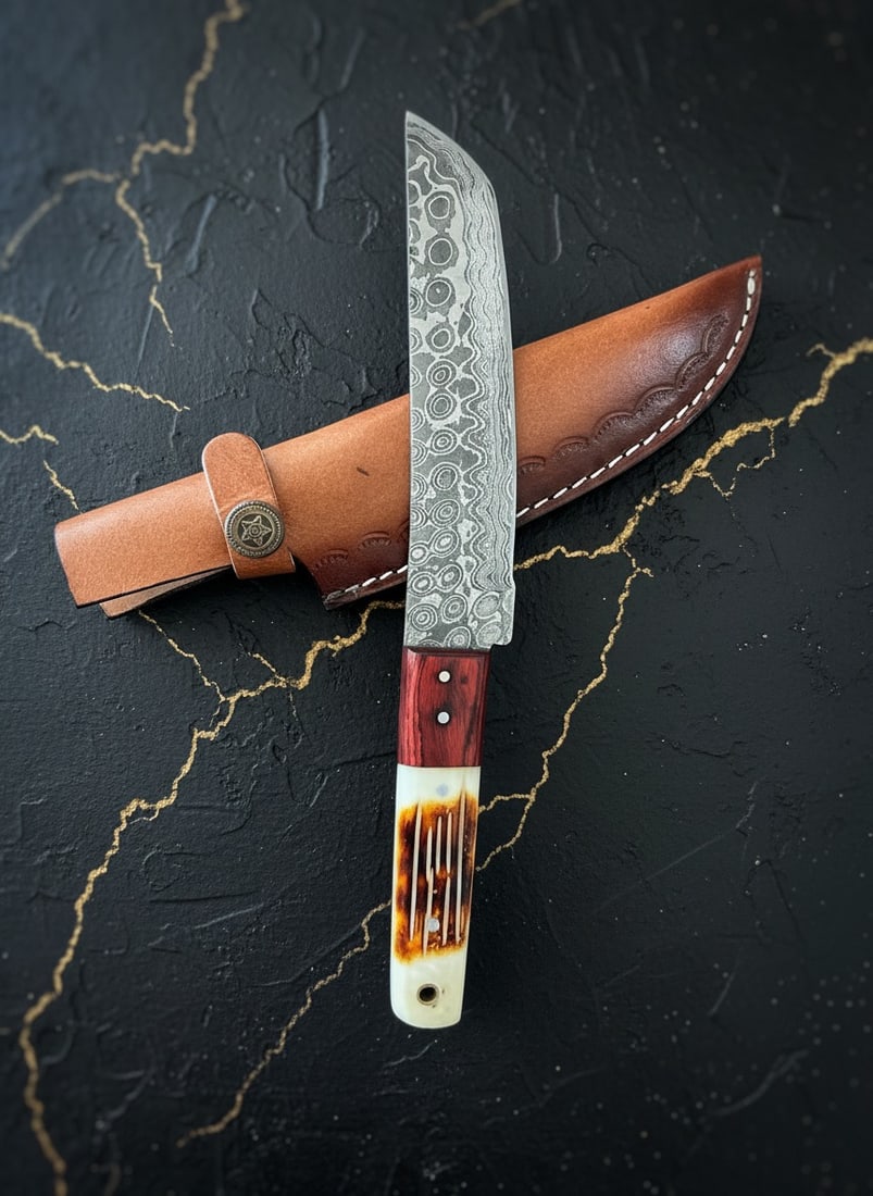 Hand-Forged Damascus Tanto Knife Burnt Bone Handle w/ Leather Sheath: Title:Hand-Forged Damascus Tanto Knife Burnt Bone Handle w/ Leather Sheath Description:This handcrafted knife features a durable blade and a comfort-grip handle, accompanied by a cowhide leather sheat